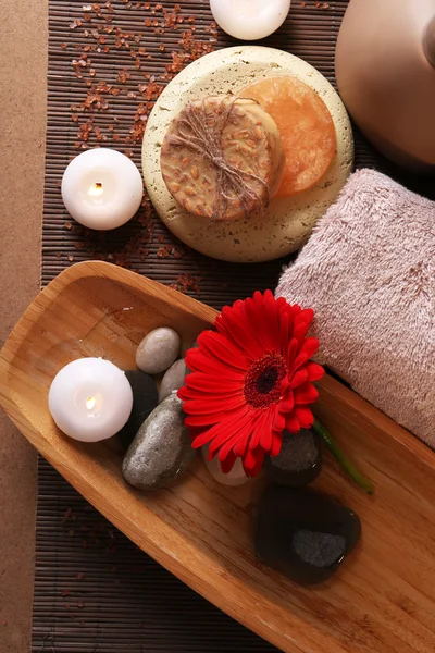 Composizione di pietre termali, sale marino e sacchetti per massaggi su tavola di legno, su fondo chiaro — Foto Stock