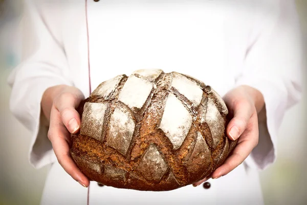 Dark fresh bread in female hands on light blurred background — Stock Photo, Image