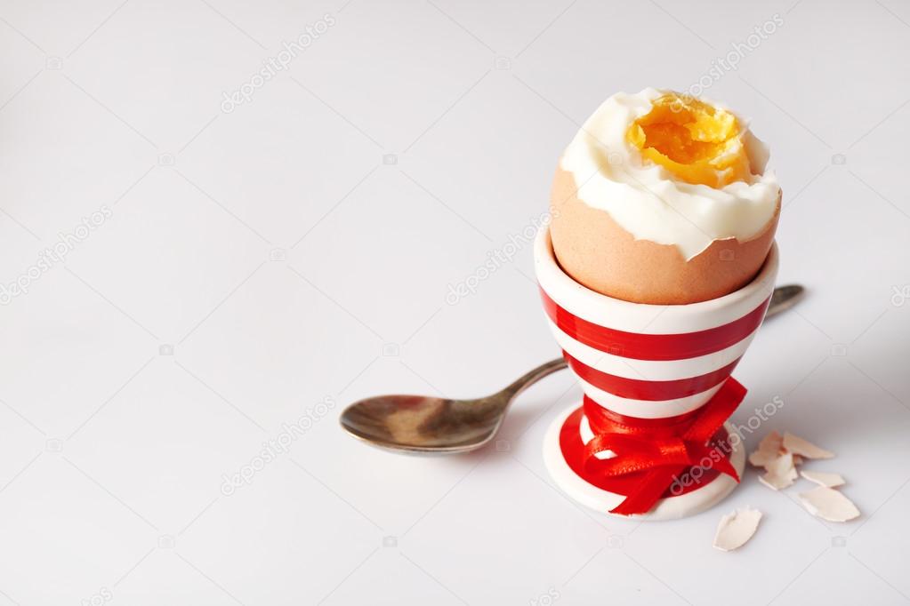 Boiled egg in holder on light background