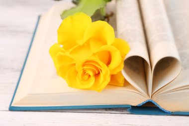 Ahşap masa, closeup sayfaları ve Sarı Gül kalp şekli ile açık kitap