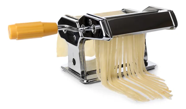 Metal pasta maker machine with dough isolated on white — Stock Photo, Image