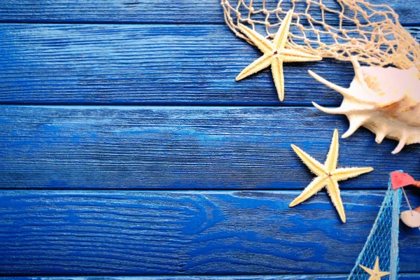 木の背景に海の星や貝殻 — ストック写真