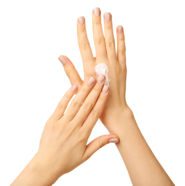Donna che si prende cura delle mani con crema isolata su bianco — Foto Stock