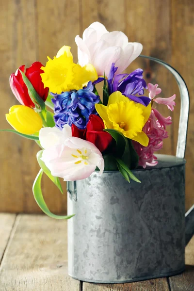 Prachtige Lentebloemen in metalen gieter op houten achtergrond — Stockfoto