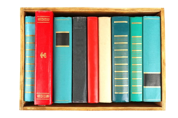 Boeken in houten doos, bovenaanzicht — Stockfoto