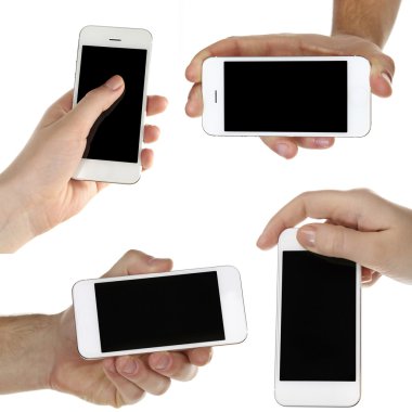 Akıllı telefonlar üzerinde beyaz izole holding eller