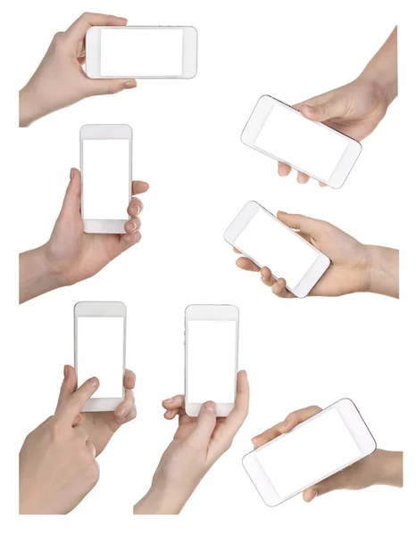Ruce držící chytré telefony izolovaných na bílém — Stock fotografie