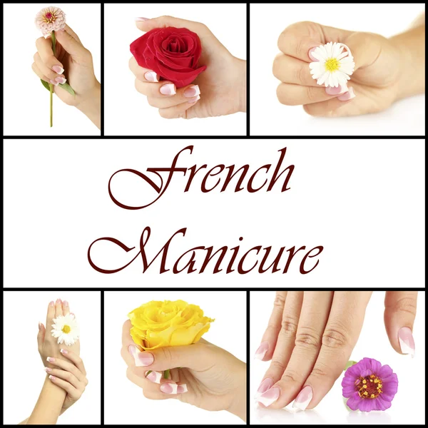 Ruce s francouzská manikúra a květinové izolované na bílém v koláž — Stock fotografie