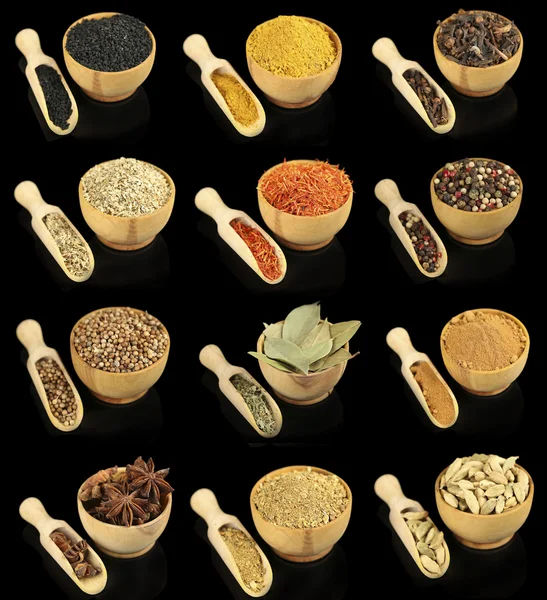 Koláž různých koření v miskách na černém pozadí — Stock fotografie