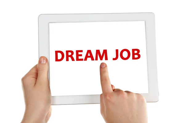 Tablet PC em mãos e texto Dream Job na tela, conceito de busca de emprego — Fotografia de Stock