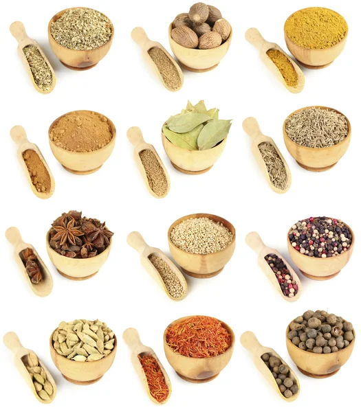 Collage av olika kryddor i skålar isolerad på vit — Stockfoto