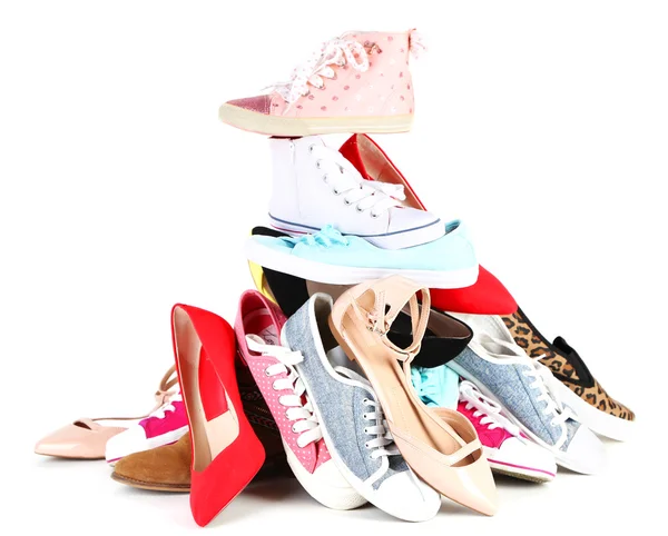 Pile of various female shoes isolated on white — Stock Photo, Image