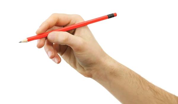 Erkek el ile üzerine beyaz izole kalem — Stok fotoğraf