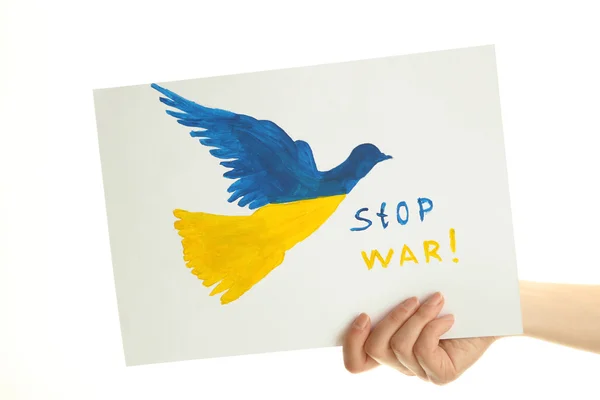 Рука держит бумажного голубя с раскрашенным флагом Украины, изолированного на белом — стоковое фото