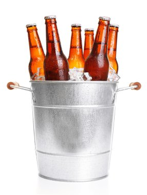 Cam şişe bira üzerinde beyaz izole metal kovada