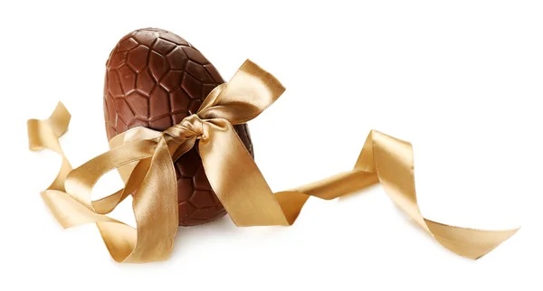 Chocolate Easter egg with color ribbon bow isolated on white — Stock Photo, Image