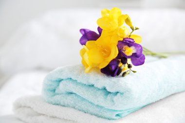 Otel, temiz havlu üzerinde renkli güzel Christine yakın çekim