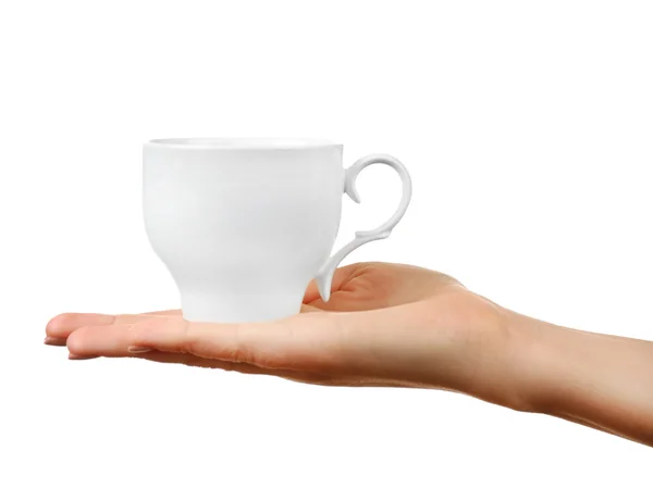 Taza de mano femenina aislada en blanco — Foto de Stock