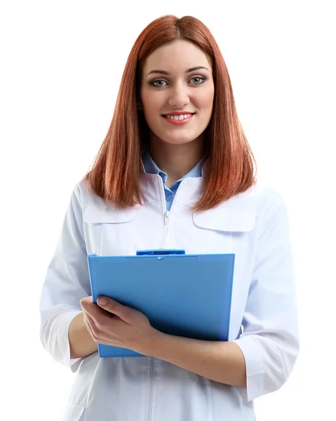 흰색 절연 클립보드와 아름 다운 젊은 의사 — 스톡 사진