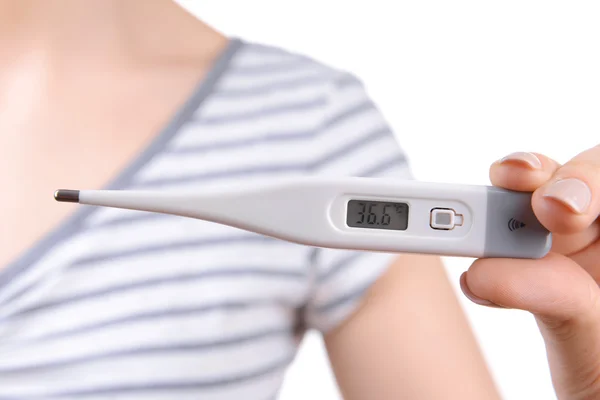 Woman holding thermometer close up — Stock Photo, Image