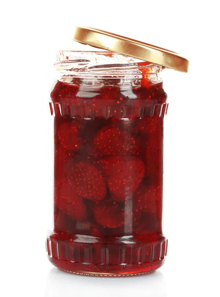 Pot de confiture de fraises isolé sur blanc — Photo