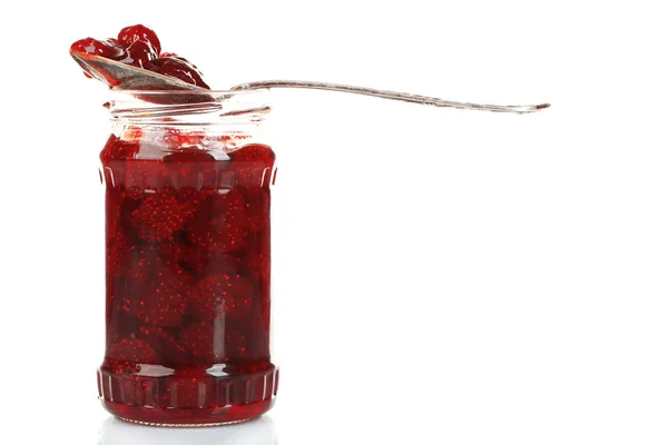 Jar of strawberry jam with spoon isolated on white — Stock Photo, Image