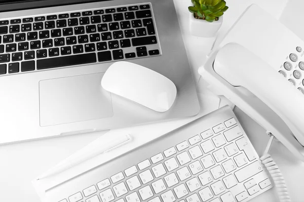 Office workplace with laptop and pot plant close up — Stock Photo, Image