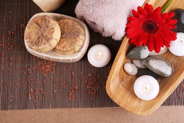 Composizione di pietre termali, sale marino e sacchetti per massaggi su tavola di legno, su fondo chiaro — Foto Stock