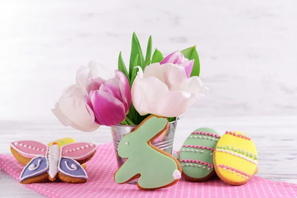 Delicious Easter cookies on table on light background — Stock Photo, Image