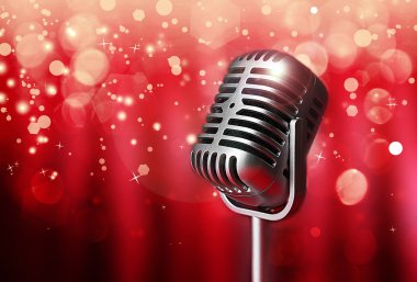 Retro microphone on bright curtain background clipart