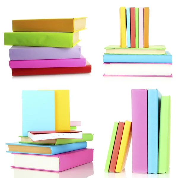 Different compositions with colorful books isolated on white in collage — Stock Photo, Image