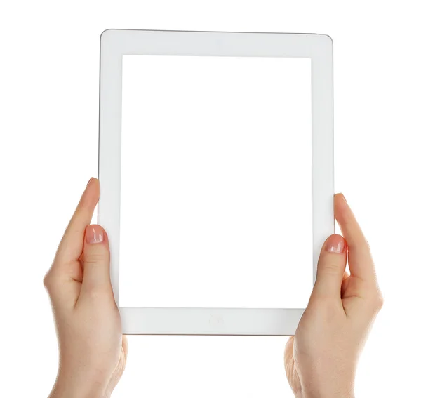 Mani che tengono tablet pc Isolato su bianco — Foto Stock