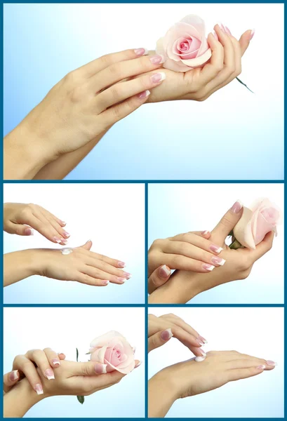 Hands with french manicure isolated on white in collage — Stock Photo, Image