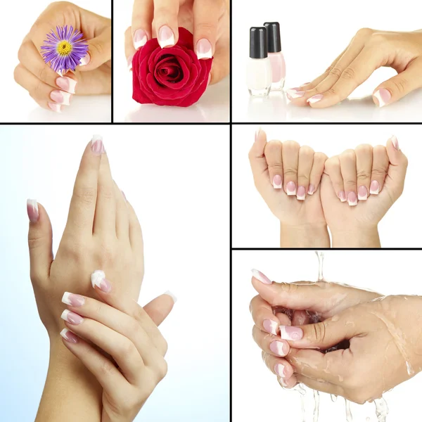 Mani con manicure francese in collage — Foto Stock