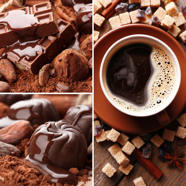 Coffee and chocolate, tasty collage