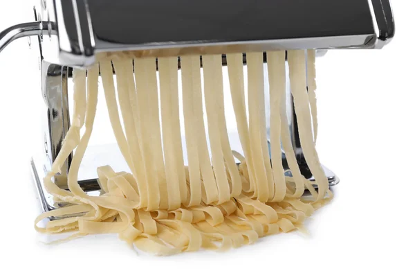 Metal pasta maker machine with dough isolated on white — Stock Photo, Image