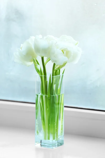 Piękne białe tulipany w szklanym wazonie na parapecie tło — Zdjęcie stockowe
