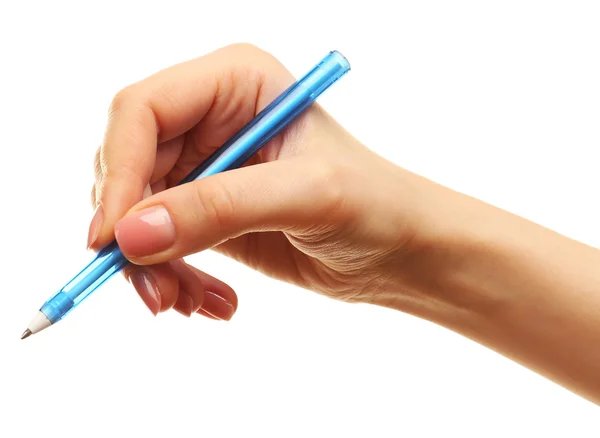 Weibliche Hand mit Stift isoliert auf weiß Stockfoto