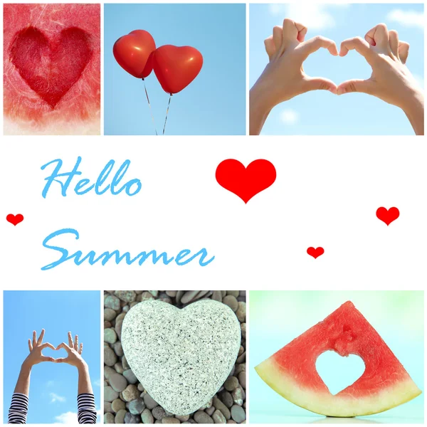 Hallo Sommerkonzept. Collage von Bildern mit unterschiedlichen Herzen. — Stockfoto