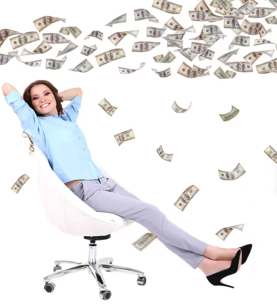 Empresária bem sucedida com pilha de dinheiro — Fotografia de Stock