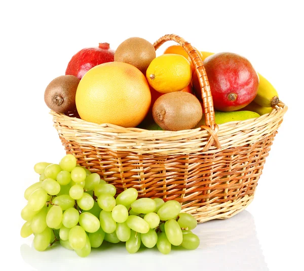 Assortment of fruits in basket isolated on white — Stock Photo, Image