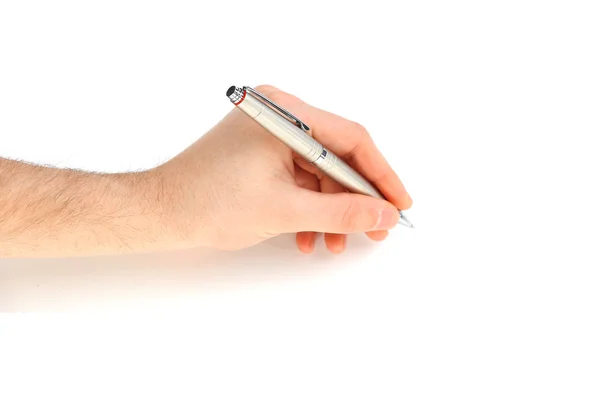 Mão masculina com caneta isolada sobre branco — Fotografia de Stock