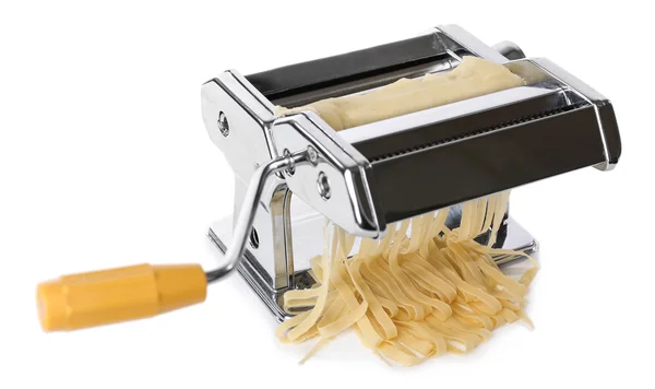 Metal pasta maker machine with dough isolated on white — Stock Photo, Image