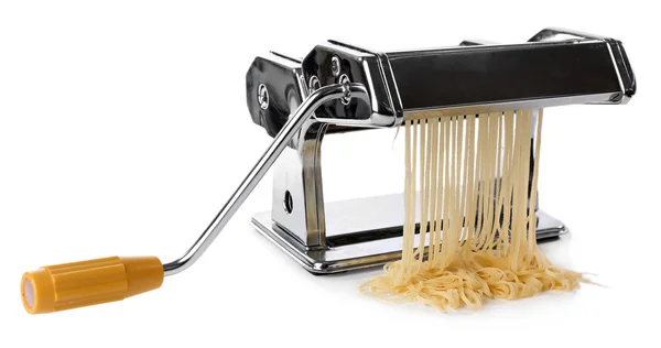 Metal pasta maker machine with dough isolated on white — Stock Photo, Image