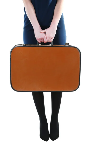 Woman holding old suitcase isolated on white — Stock Photo, Image