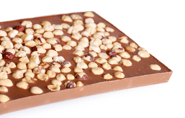 Milk chocolate bar with hazelnuts isolated on white — Stock Photo, Image