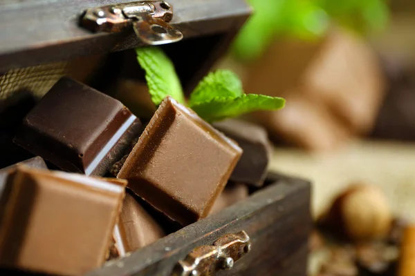 Uppsättning av choklad i låda, närbild — Stockfoto