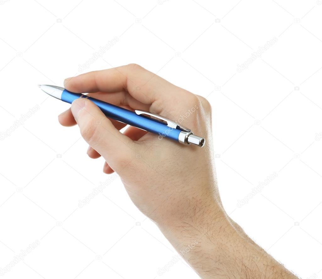 Male hand with pen isolated on white