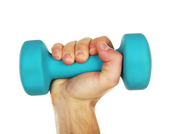 Mannenhand met dumbbell geïsoleerd op wit — Stockfoto