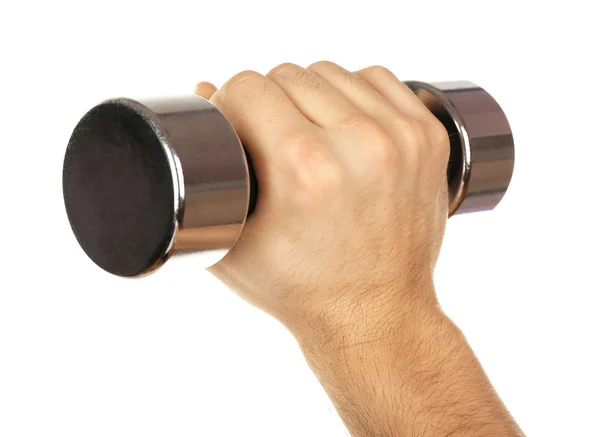 Mannenhand met dumbbell geïsoleerd op wit — Stockfoto